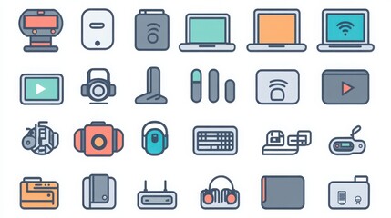 Technology thin line icon set. Containing a tablet in white, desktop computer in gray, smartphone in black, laptop in silver, smartwatch in blue, router in green, server in dark gray.