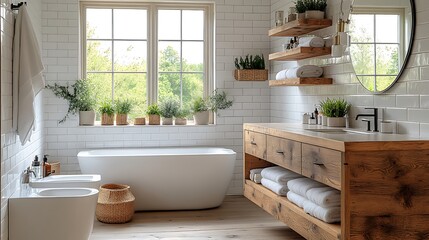 A cozy Scandinavian bathroom with white subway tiles and warm wooden accents, including a floating wood vanity and open shelving. Soft natural light filters in through a large window,