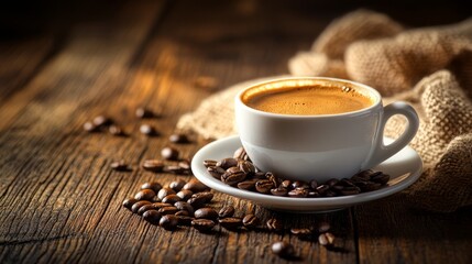 Espresso coffee cup with beans on vintage table. Coffee background