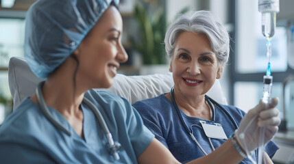 Obraz premium Young friendly nurse man or caregiver help sick senior elderly woman patient in receiving IV drip infusion and vitamin injection therapy lying on couch in medical clinic. Health car