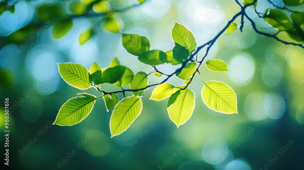 Poster sunlit bokeh effect featuring a tree branch adorned with vibrant green leaves