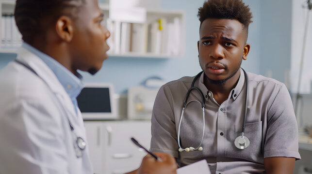 Young guy with acute pain in right side talking to doctor. Adult ethnic patient with stomachache, kidney bloating or cirrhosis asking for help during consultation appointment in exa