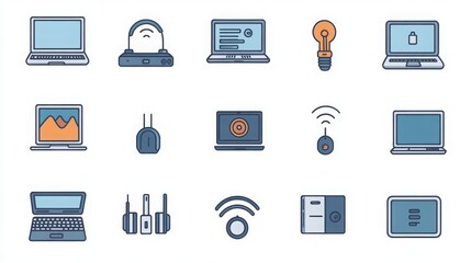 Technology thin line icon set. Containing a tablet in white, desktop computer in gray, smartphone in black, laptop in silver, smartwatch in blue, router in green, server in dark gray.