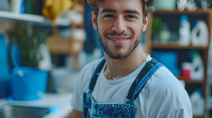 Fototapeta premium Young male cleaner in overall, happy smiling man performing cleaning duties, professional team busy sanitizing, sweeping, polishing, mopping floor, house cleaning services for home
