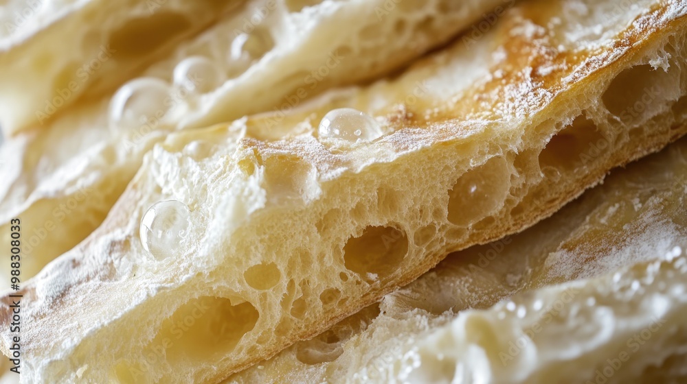 Poster close up of a rustic sourdough white bread showcasing a golden crust and air bubbles with slices arr