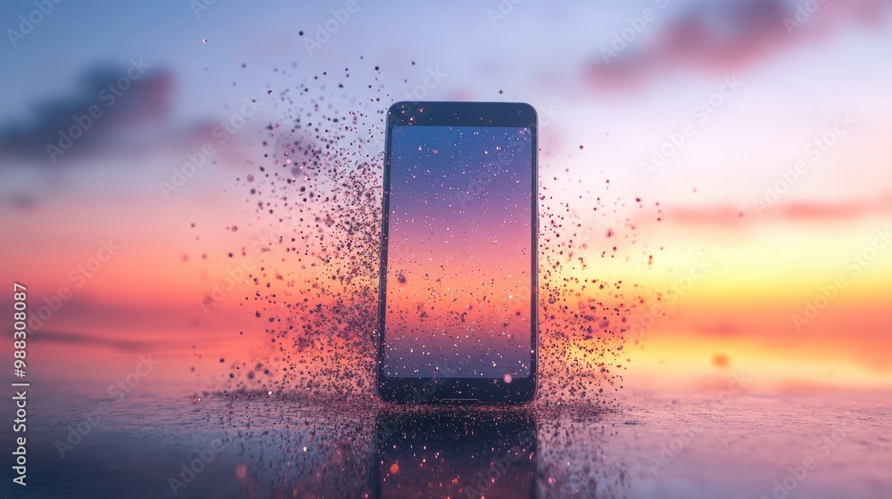 Poster futuristic smartphone transforms into digital particles set against a calm gradient sky symbolizing 