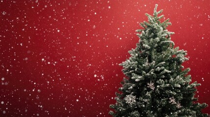 Elegantly adorned green Christmas tree against a dark red backdrop complemented by drifting snowflakes Vivid artistic composition with ample copy space