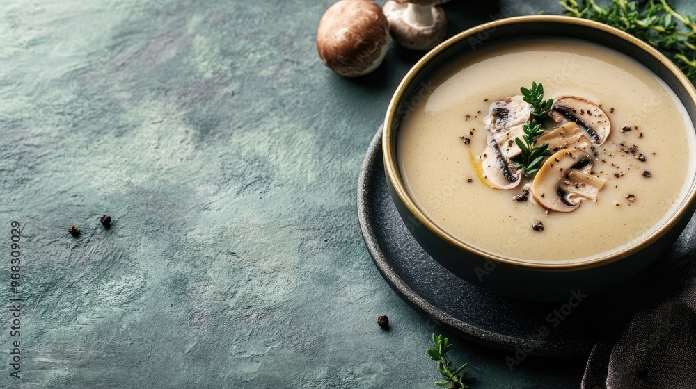 Poster creamy mushroom soup displayed on a soft green backdrop with ample space for text at the top