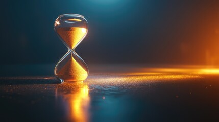 A continuous flow of time moving unidirectionally from the past through the present and into the future represented by an hourglass