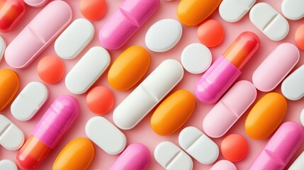 Striped background of white pink and orange tablets Various antacid medications assist in neutralizing stomach acid