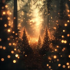 Naklejka premium Magical forest with christmas trees and glowing light