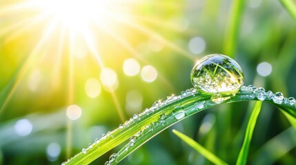A close up macro shot of a large water droplet sparkling in sunlight on a grass blade showcasing morning dew in a vibrant green natural setting