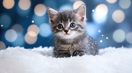 Fototapeta premium Adorable gray kitten perched on snow featuring ample space for text Winter wonderland backdrop perfect for festive themes