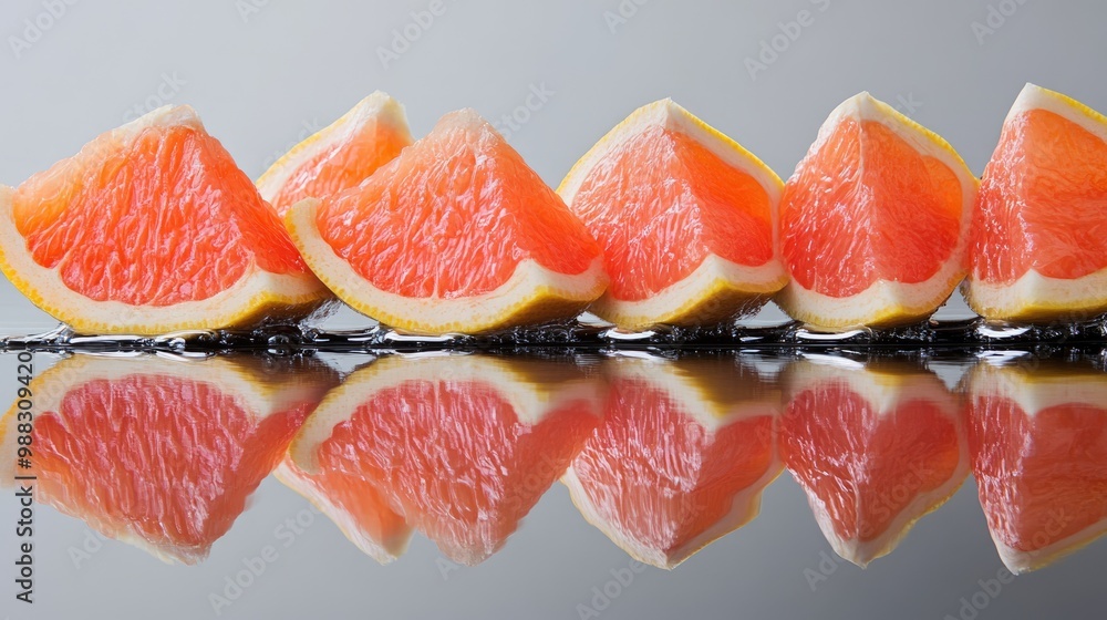 Poster Grapefruit slices arranged on a mirrored surface creating an interesting reflection Space available for text insertion