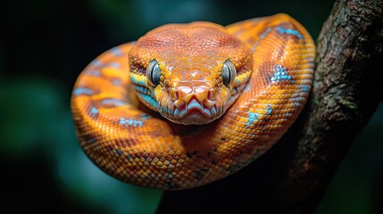 Obraz premium A vibrant orange snake coiled on a branch in a lush environment.