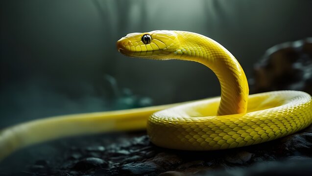 Against a mysterious, foggy backdrop that evokes a sense of eeriness and foreboding, the dramatic, high-contrast photograph features a vibrant yellow snake as the main subject. 
