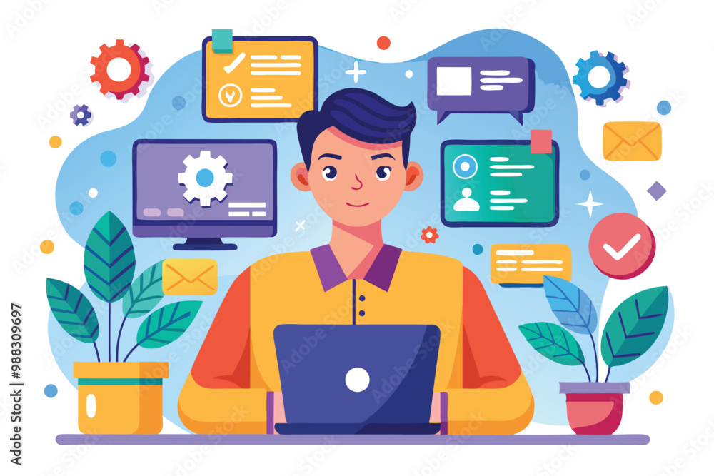 Poster a developer is actively creating mobile applications in a colorful workspace filled with plants and 