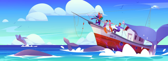 Scared people on board of wrecking fishing boat. Vector cartoon illustration of whales jumping out of water, yacht splashing on waves in ocean, birds flying in blue sunny sky, dangerous voyage