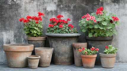 A variety of weathered plant pots in different sizes featuring some with red flowers and others left empty