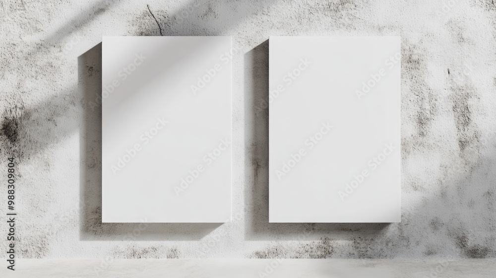 Poster two blank white vertical and horizontal poster mockups with soft shadows on a textured light grey ba