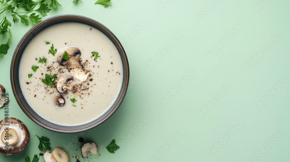 Aufkleber creamy mushroom soup displayed on a soft green backdrop with ample space for text at the top