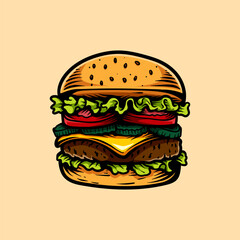 detailed colored big burger line art style sketch classic vintage design illustration