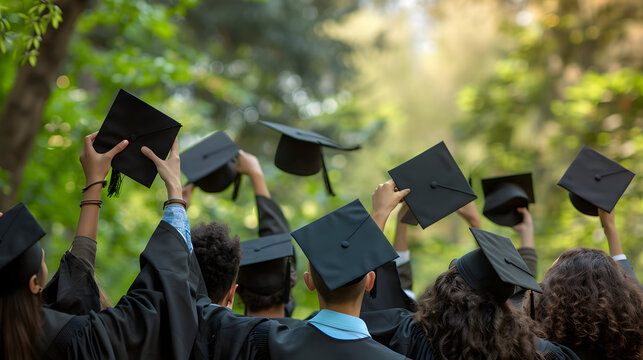 Youth having high hopes. Back view of group of university graduates standing in row holding up black academic caps. Confident college students together tossing hats in air at gradua