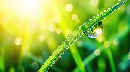 A close up macro shot of a large water droplet sparkling in sunlight on a grass blade showcasing morning dew in a vibrant green natural setting
