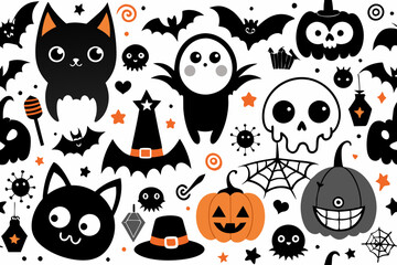 pattern with cute halloween elements in black and white, the border must not cut the elements