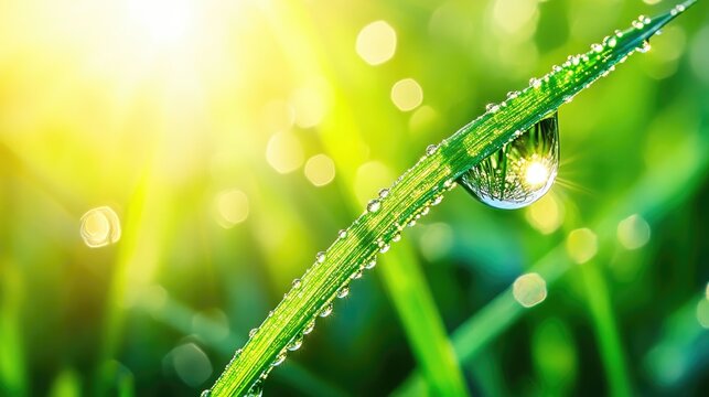 A close up macro shot of a large water droplet sparkling in sunlight on a grass blade showcasing morning dew in a vibrant green natural setting