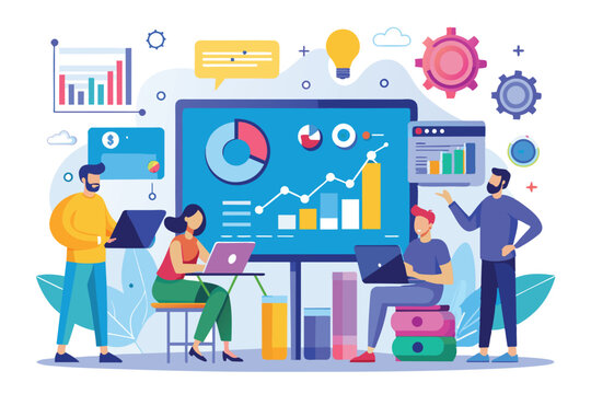 A team collaborates on a development analysis presentation, utilizing graphic data to enhance their project in a contemporary office environment.