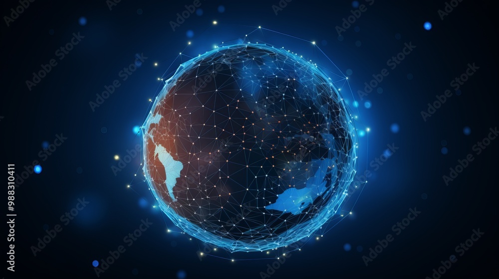 Poster a glowing blue and orange digital globe with a mesh of connected lines and points