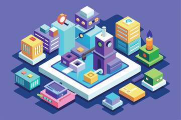 Obraz premium A lively isometric cityscape features various colorful buildings, a central tower, and elements representing different activities in a digital realm.