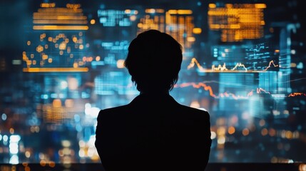 Fototapeta premium Silhouette of a Person Overlooking a Futuristic City Skyline