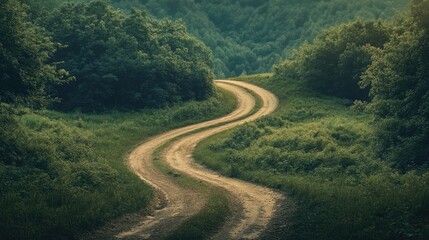 Fork in the road winding through a hilly terrain