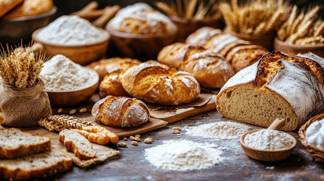 Variety of newly baked bread and bakery items displayed on a wooden table accompanied by wheat flour and spices in the backdrop