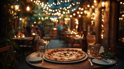 Pizza on a restaurant table. Party concept, different kinds of pizza. bokeh lights. 