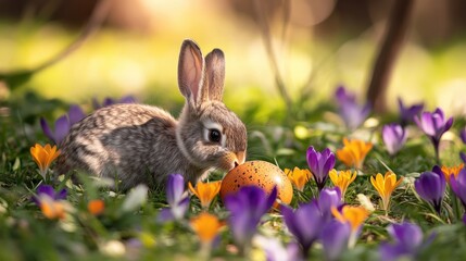Easter bunny beside an egg on a bed of green grass and vibrant orange crocus flowers Featuring purple green and yellow blooms of spring