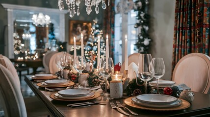stół, dekoracje, zimowy, świąteczny, kolacja, eleganckie, sztućce, świece, centrum stołu, szyszki, jagody, atmosfera, ciepło, przyjęcie, rodzinna, zimowe, styl, tradycja, gościnność, świąteczne, menu,