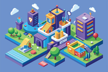 A lively urban development concept showcases various buildings, greenery, and pathways, combining creativity and functionality in an isometric design.