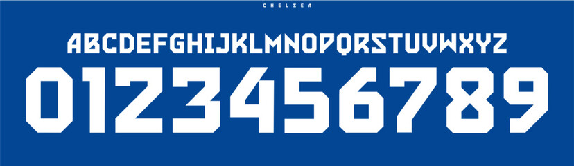 Athletic block typography, bold geometric numbers and letters design, sharp powerful font for sports branding, team uniforms, striking headlines. Vector typeset