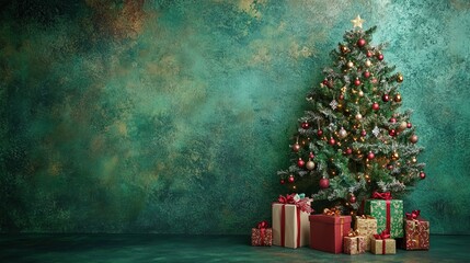 Studio Photo Background with Christmas Tree and Gifts on Silver Grey