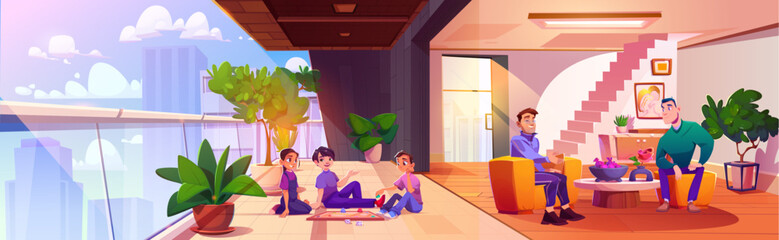 Two men sitting and talking in living room interior, and three teenagers sitting on floor of balcony and play board game. Cartoon vector illustration of friends spend time together at home in city.