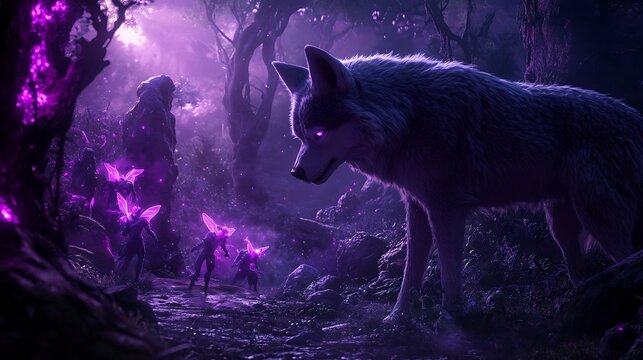 4D animation of magical wolves guiding fantasy heroes through an enchanted forest, with glowing fairies and animated trolls lurking in the shadows of a magical kingdom 