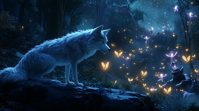 4D animation of magical wolves guiding fantasy heroes through an enchanted forest, with glowing fairies and animated trolls lurking in the shadows of a magical kingdom 