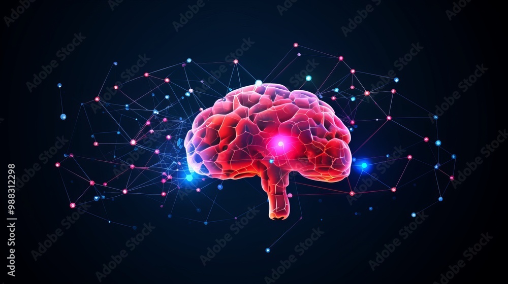 Poster red brain connected to a network of blue and red dots
