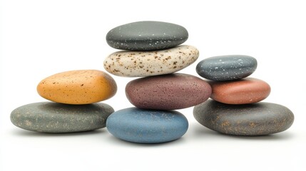 River stones and stacked minerals in various colors isolated on white background. Graphic resource.
