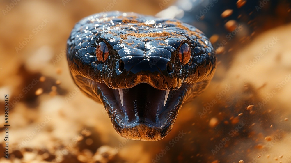 Poster close-up of a snake with an open mouth, displaying its fangs.