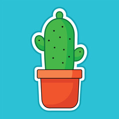 Cute Potted Cactus Sticker with Vibrant Green Spikes and White Border for Sticker Effect