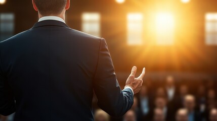 A speaker addressing an audience, illuminated by sunlight, conveying inspiration and leadership in a formal setting.